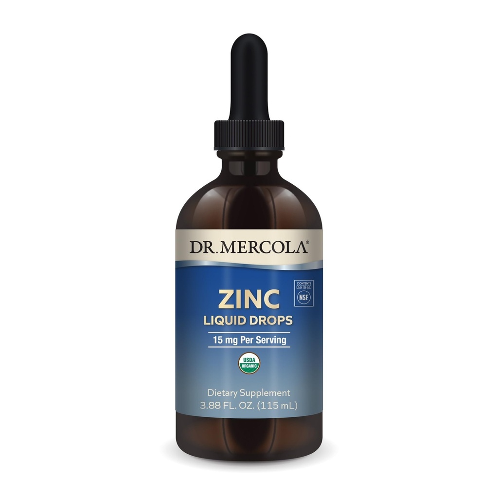 Dr. Mercola Zinc gouttes liquides - soutient la santé immunitaire et des organes - 15 mg de gouttes liquides de zinc biologique - USDA biologique - NSF certifié - Non-OGM, sans gluten et sans soja - 3,88 fl oz (28 portions)