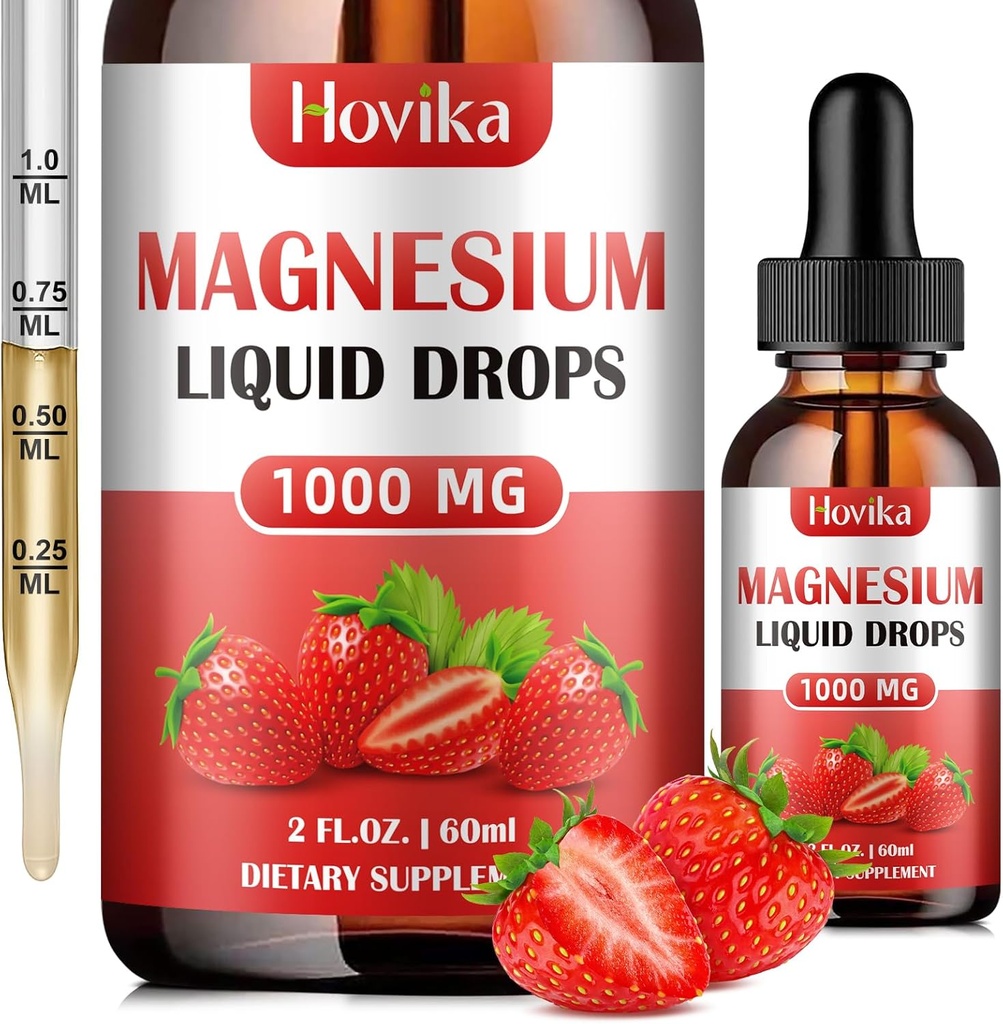 Glycinat de magnésium goutte liquide avec Citrate, Malate et Taurate, supplément de magnésium calme avec Calcium, Potassium, Zinc, CoQ10, D3, B6, B12 pour l'humeur relaxante, Muscle, Énergie- Arôme fraise, 2 Fl Oz