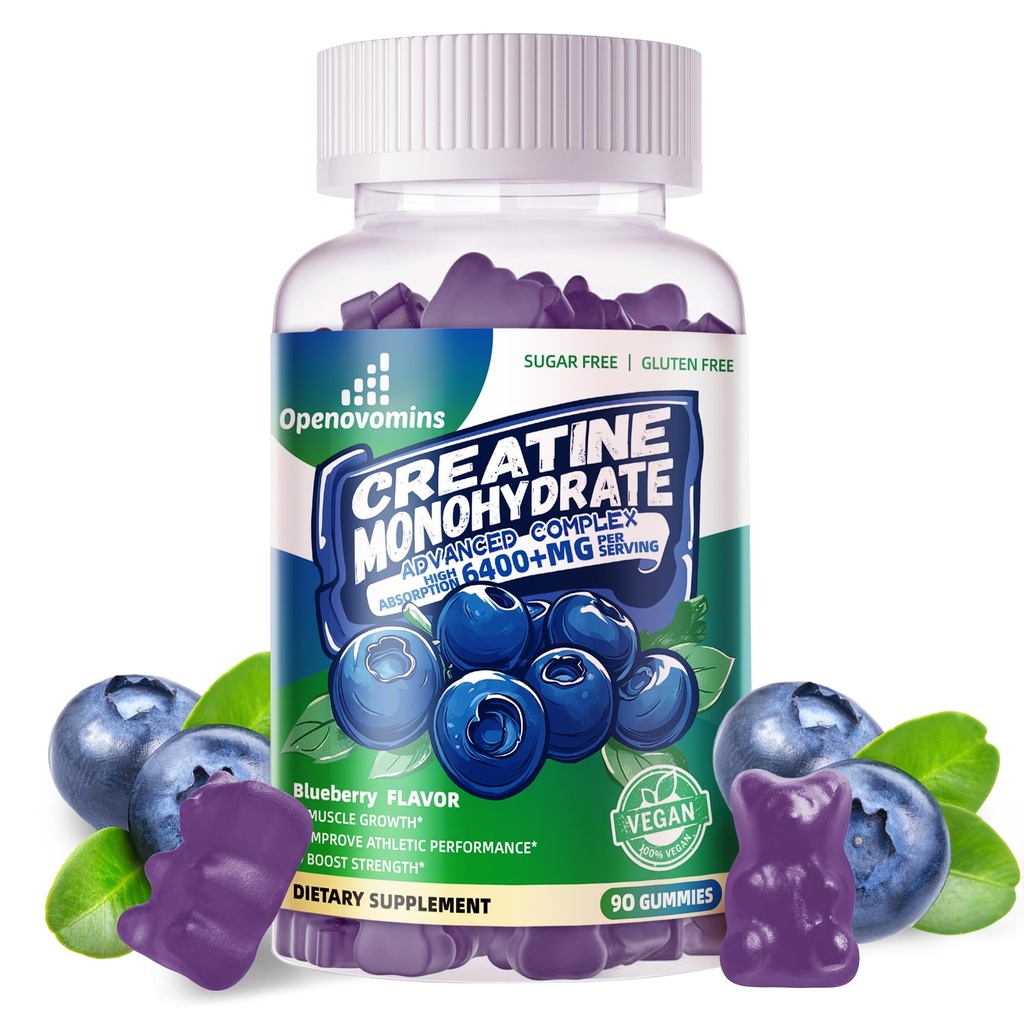 Complexe monohydraté créatine pour hommes et femmes - formule avancée W/L-Taurine + vitamine B12, supplément à croquer sans sucre,90 Gommies de bleuets
