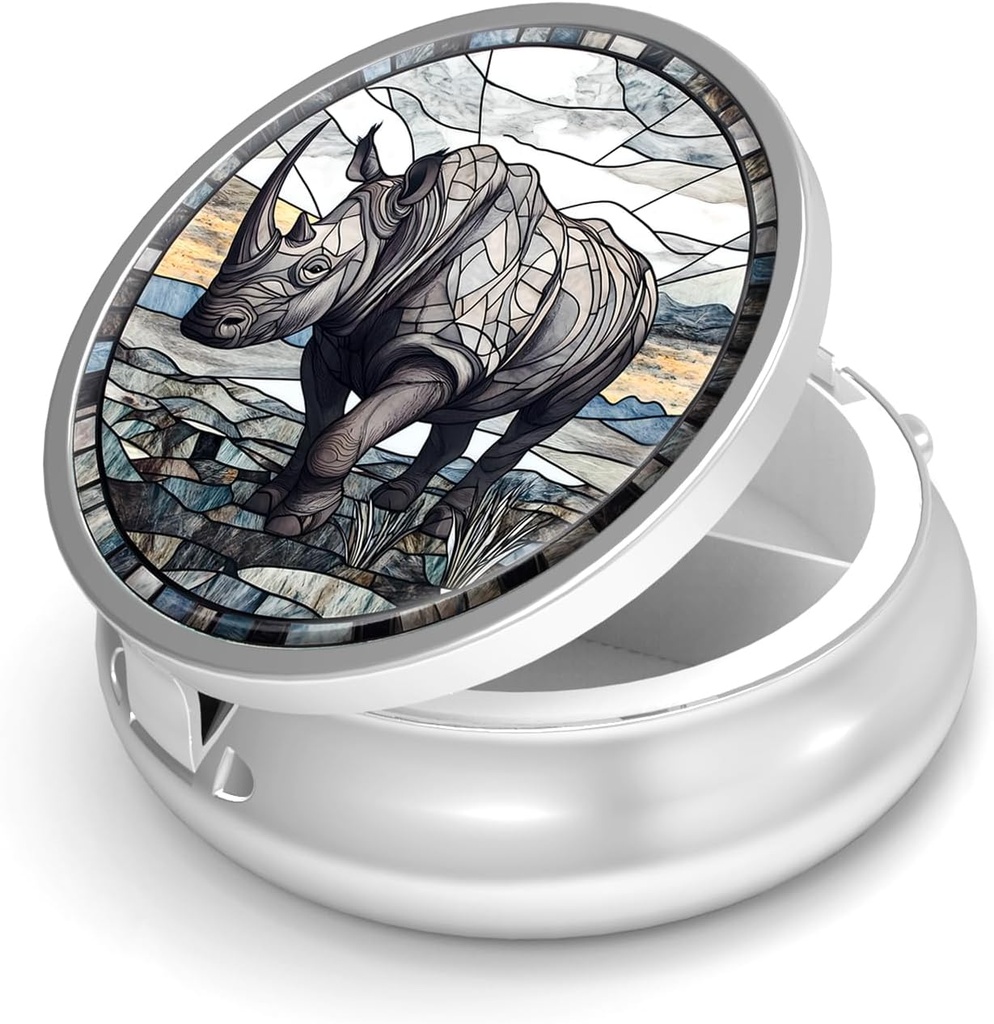 Pill Box-3 Compartiment petit étui de pilule pour la purse et la poche Mini porte-pilule métallique Conteneur de pilule de voyage pour tenir des suppléments de vitamines sans BPA (Rhinoceros)