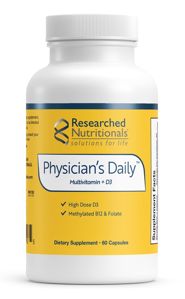 Recherches nutritionnelles Supplément du médecin quotidien + D3 - Multivitamine quotidienne pour les hommes et les femmes avec vitamine D3 2000iu, vitamine B12, vitamine B6 + folate méthylé (60 capsules)