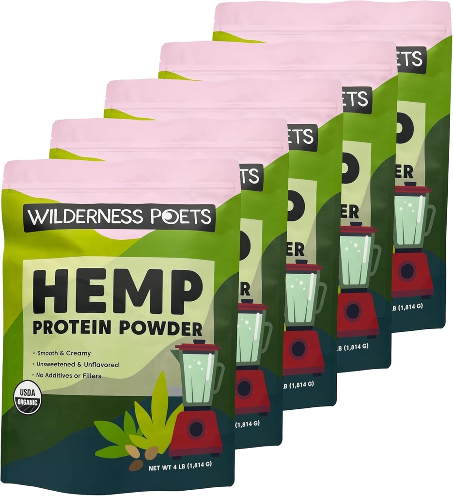 Poètes sauvages, poudre de protéines de chanvre biologique - Vegan, pressé à froid, à base végétale - 4 livres (paquet de 5)