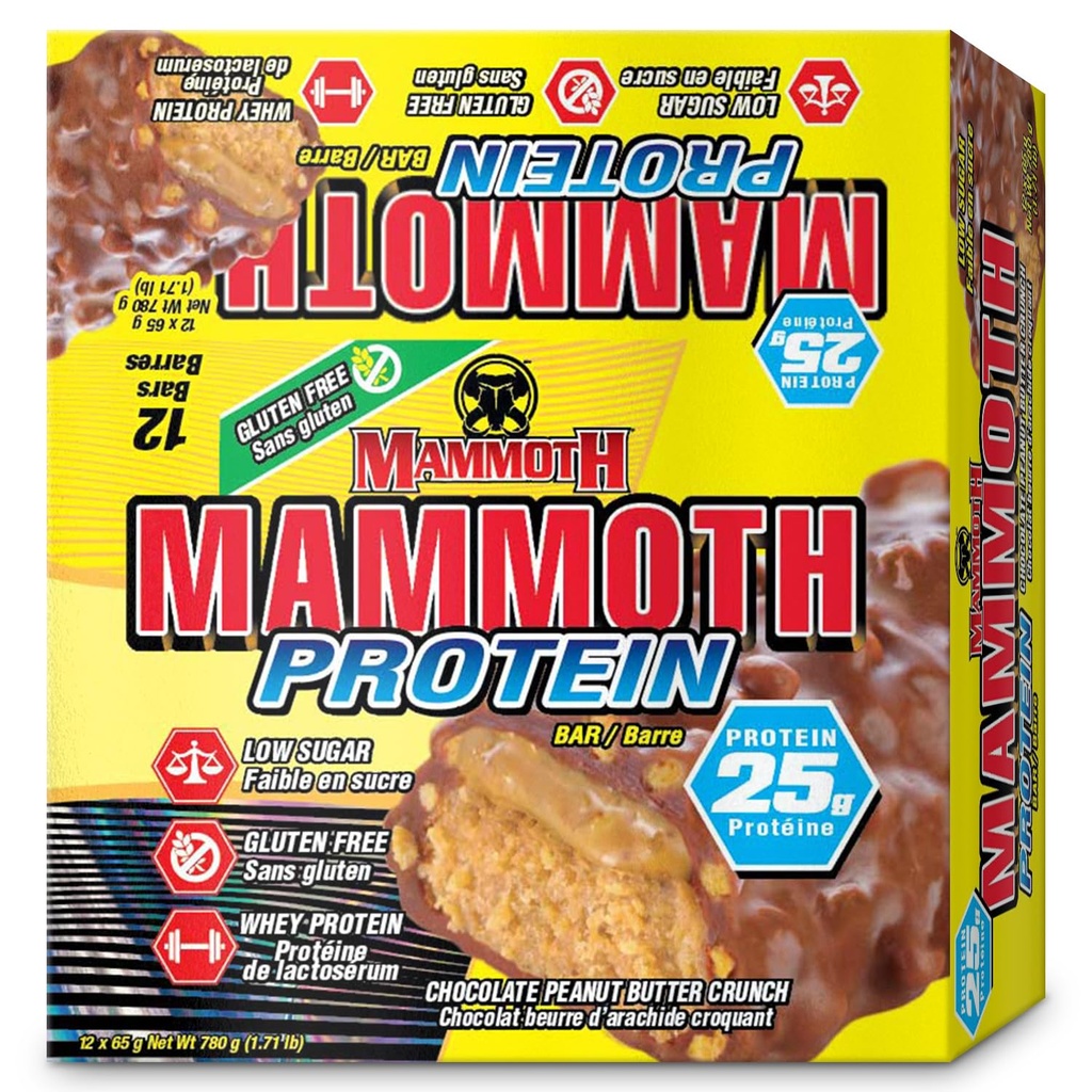 MAMMOTH Protein Bar, Chocolate Peanut Butter Crunch, 25g Protéines, Sucre faible, Carbe faible, Sans gluten, 12 x 65g (12 Compte) (Chocolate Peanut Butter Crunch) (12 Compte, Chocolate Peanut Butter Crunch)