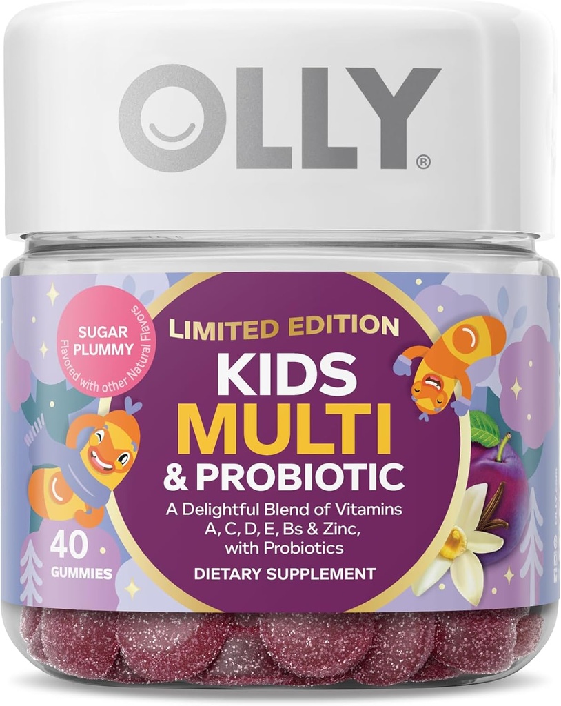 OLLY Enfants Multivitamine & Probiotique, Edition limitée, Soutien digestif, Vitamines A, D, C, E, B, Zinc, Supplément à croquer, Plume de sucre - 40ct