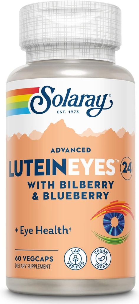 SOLARAY Yeux avancés de lutéine 24 mg - Suppléments de lutéine et de zéaxanthine - Eye Health Support with Blueberry and Bilberry Extract - Vegan, garantie de 60 jours, laboratoire vérifié - 60 portions, 60 VegCaps