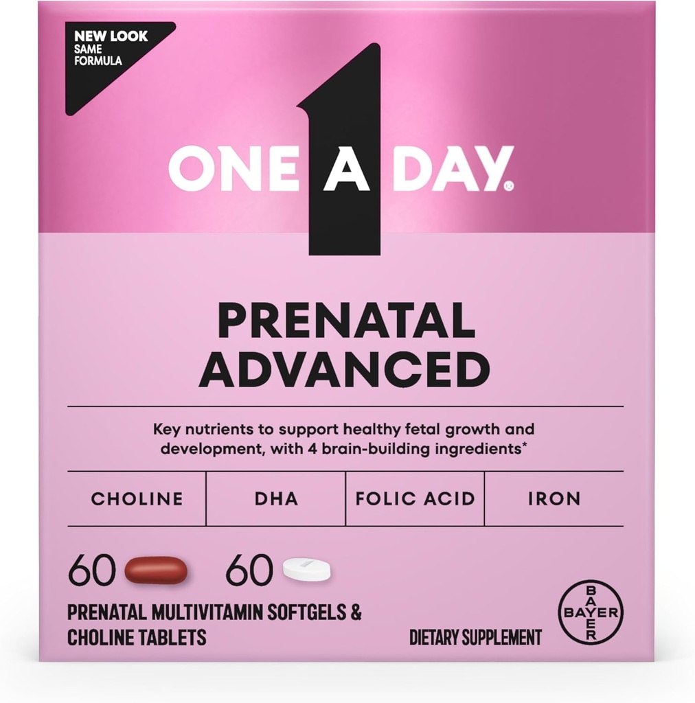 Un jour Prénatal Vitamines prénatales avancées avec acide folique, Choline, DHA et fer, Vitamines de grossesse pour les femmes à l'appui du développement de bébé, 60+60 Ct (120 Ensemble total) (Packaging May Vary)
