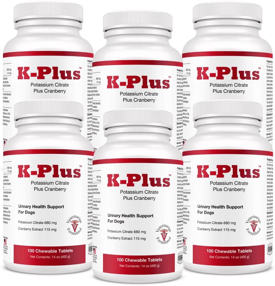 K-Plus Potassium Citrate Plus Supplément canneberge pour chiens - Vet approuvé UTI Remède - Soutient la santé Bladder - pour chaque chien de race - 6-paquet (600ct)