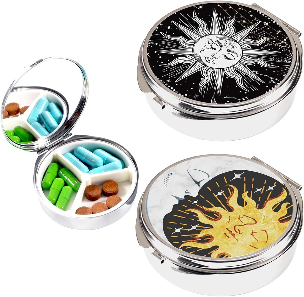 2pcs Pill Box,3 Compartiment petit cas de pilule pour Pocket & Purse, mignon organisateur de pilule métallique de voyage, conteneur de pilule portable et organisateur de vitamines de médecine