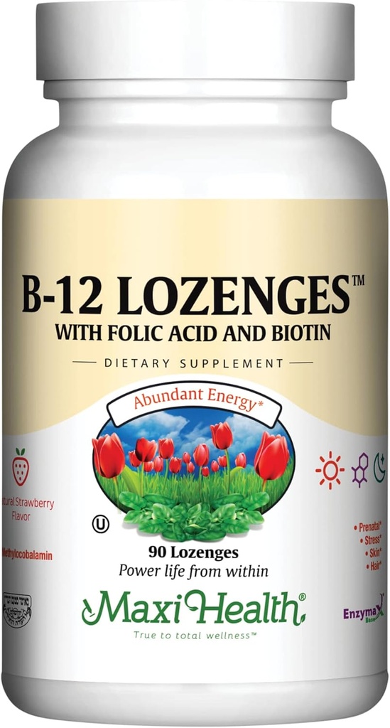 Vitamin B12 Lozenges with Folic Acid and Biotin - Sublingual B 12 Vitamins Strawberry Flavor - Vegetarian Kosher B 12 Vitamin - VIT B12 Supplement for Red Blood Cell Production and Energy (90 Count)