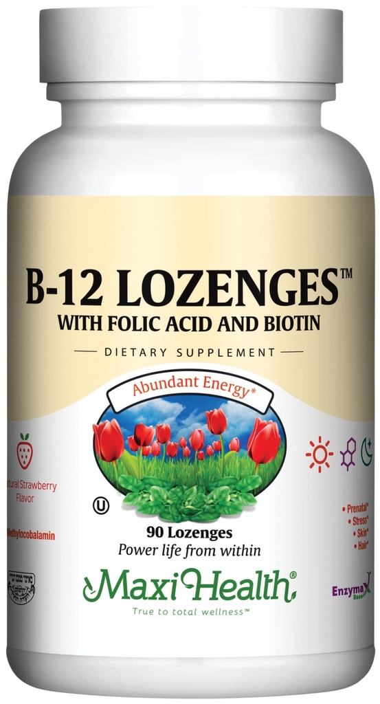 Vitamine B12 Losanges avec acide folique et biotine - Sublingual B 12 Vitamines Saveur de fraise - Végétarien Kosher B 12 Vitamine - VIT B12 Supplément pour la production de globules rouges et l'énergie (90 Compte)