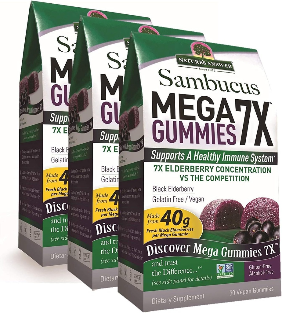 Réponse de la nature Sambucus Mega Gummies (en anglais seulement) 7X Plus de concentration de baies d'ail (en anglais seulement) Sans alcool, sans gluten, sans gélatine, végétalien, sans OGM et sans conservateurs (en anglais seulement) 30ct Gummies (paquet de 3)