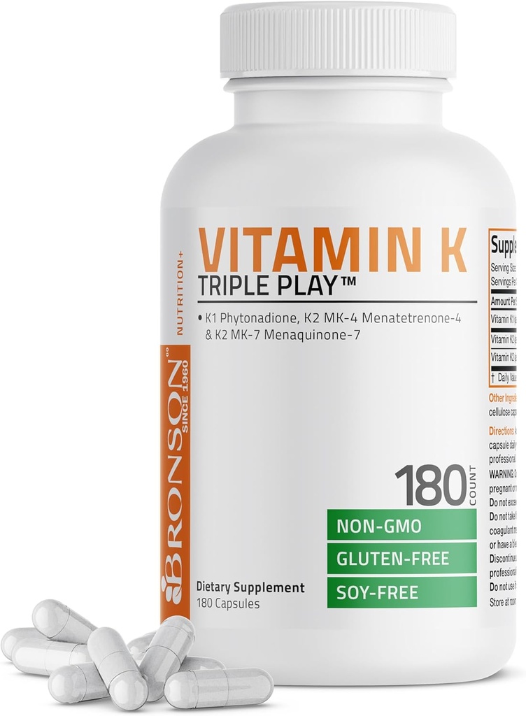 Vitamine K Triple Play (Vitamine K2 MK7 / Vitamine K2 MK4 / Vitamine K1) Supplément complexe de vitamine K, 180 capsules