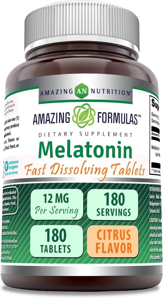 Formules étonnantes Melatonin Supplément à dissolution rapide de Citrus Flavor de 12 Mg par Serving de 180 comprimés non-OGM de Gluten-Free de fabrication américaine