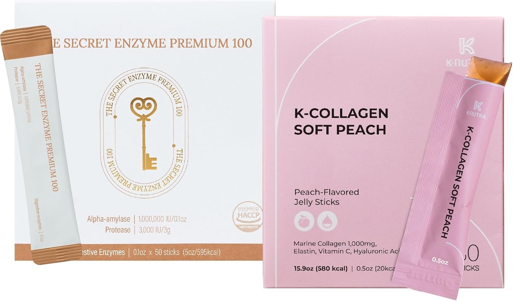 L'enzyme secrète Premium 100 (50 bâtons) et K-Collagen Soft Peach Collagen Jelly (30 bâtons) pour la santé digestive, la santé de la peau