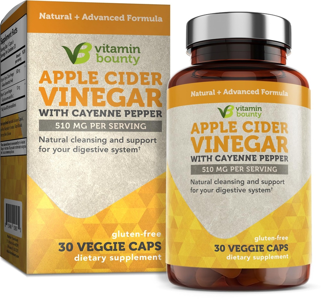 Vitamine Bounty Capsules de vinaigre de cidre de pomme – vinaigre de cidre avec le support mère + GLP-1 – Détox, dégel et suppresseur d'appétit – non-OGM, végétalien, 60 capsules