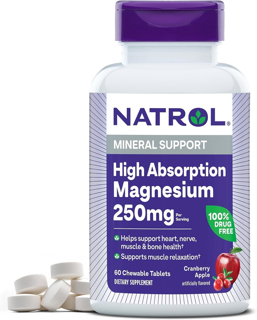 Natrol High Absorption Magnésium 250 mg, supplément alimentaire pour soutenir la santé cardiaque, nerveuse, musculaire et osseuse, 60 comprimés aromatisés aux pommes de canneberge, 30 jours d'approvisionnement