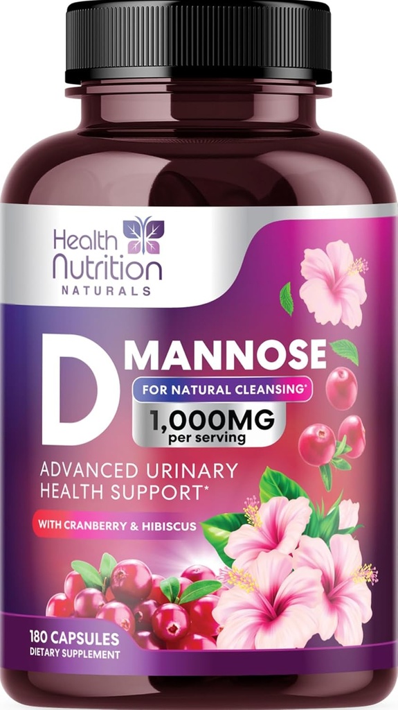 Supplément D-Mannose 1.350mg - avec canneberge, Hibiscus & Dandelion - Accélération, soins urinaires naturels et soutien pour les femmes et les hommes – Flush & Cleanse Impurities – Non-OGM, Vegan – 180 Capsules