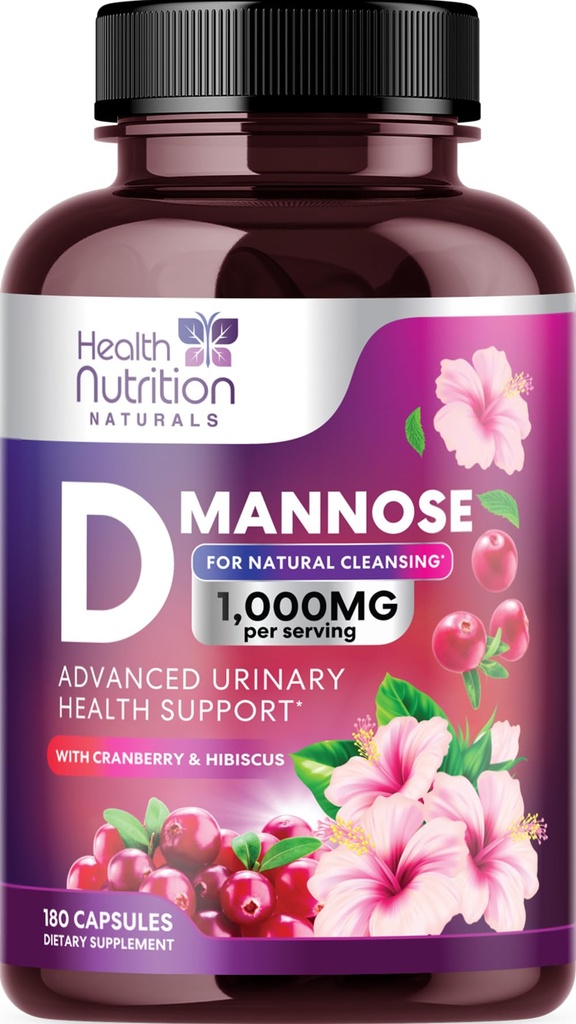 Supplément D-Mannose 1.350mg - avec canneberge, Hibiscus & Dandelion - Accélération, soins urinaires naturels et soutien pour les femmes et les hommes – Flush & Cleanse Impurities – Non-OGM, Vegan – 180 Capsules