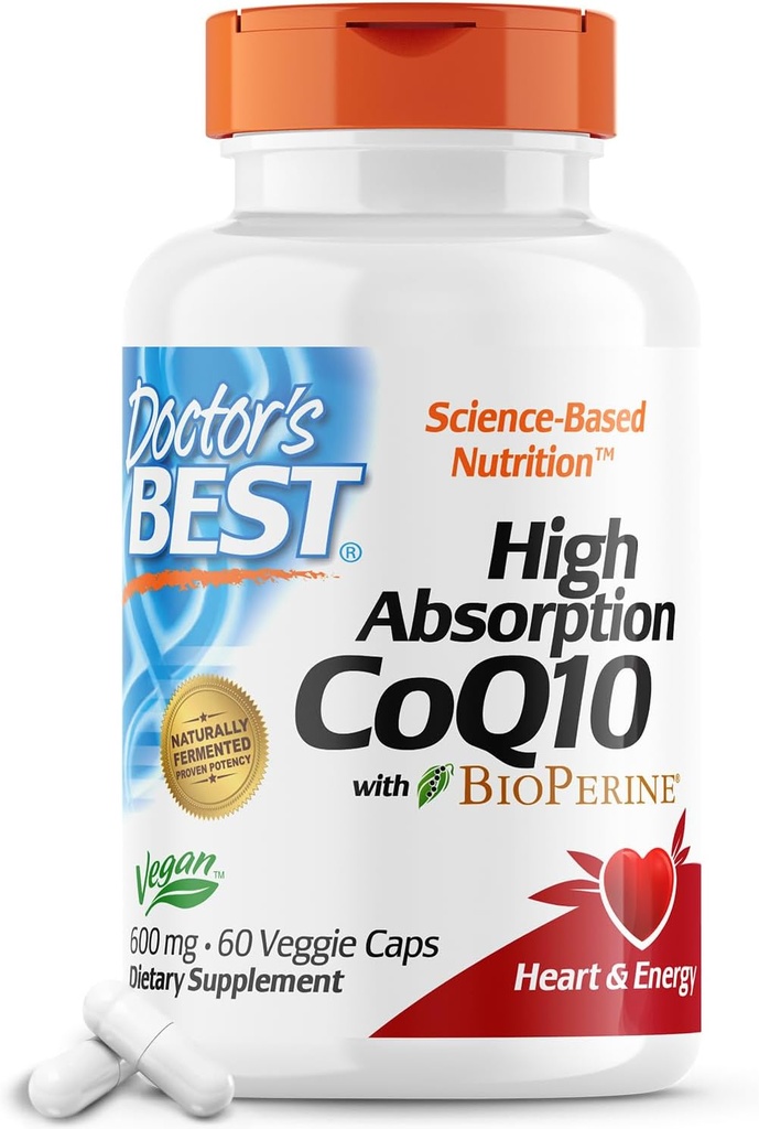 Meilleur CoQ10 d'absorption élevée du docteur avec biopérine, santé cardiaque et production d'énergie, naturellement fermenté, non-OGM, végétalien, sans gluten, 600 mg, 60 capsules de légumes