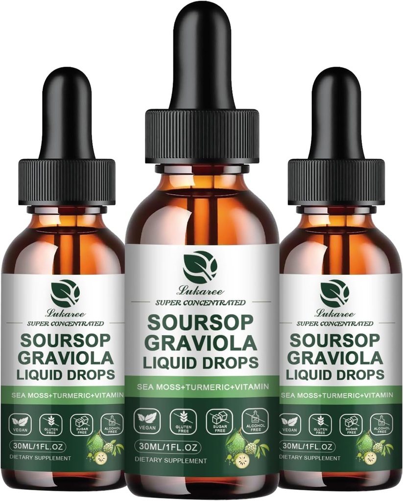 (3 packs) Sourop Graviola Extrait de feuille goutte liquide plus mousse pure de mer botanique pour le soutien cellulaire et la régénération, l'immunité, foie, Gut et antioxydant - Sourop Bitters liquide, 90 jours d'approvisionnement, 1 Fl Oz