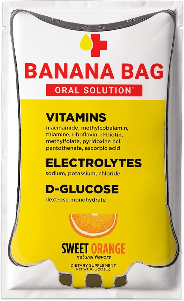 Sac de banane solution orale Packets de récupération – Sweet Orange 30pk..Un mélange rafraîchissant d'électrolytes, de vitamine C et de complexe B pour l'hydratation et l'énergie. Pratique, facile à utiliser et parfait pour tout style de vie.