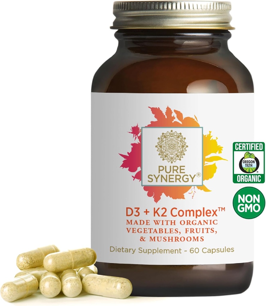 PURE SYNERGY D3 + Complexe K2 : Vitamine végane D3 Complexe K2 : complément D3 organique avec vitamine K2 et K1 Plus Aliments entiers organiques : soutien de la santé osseuse, cérébrale et immunitaire (60 capsules)