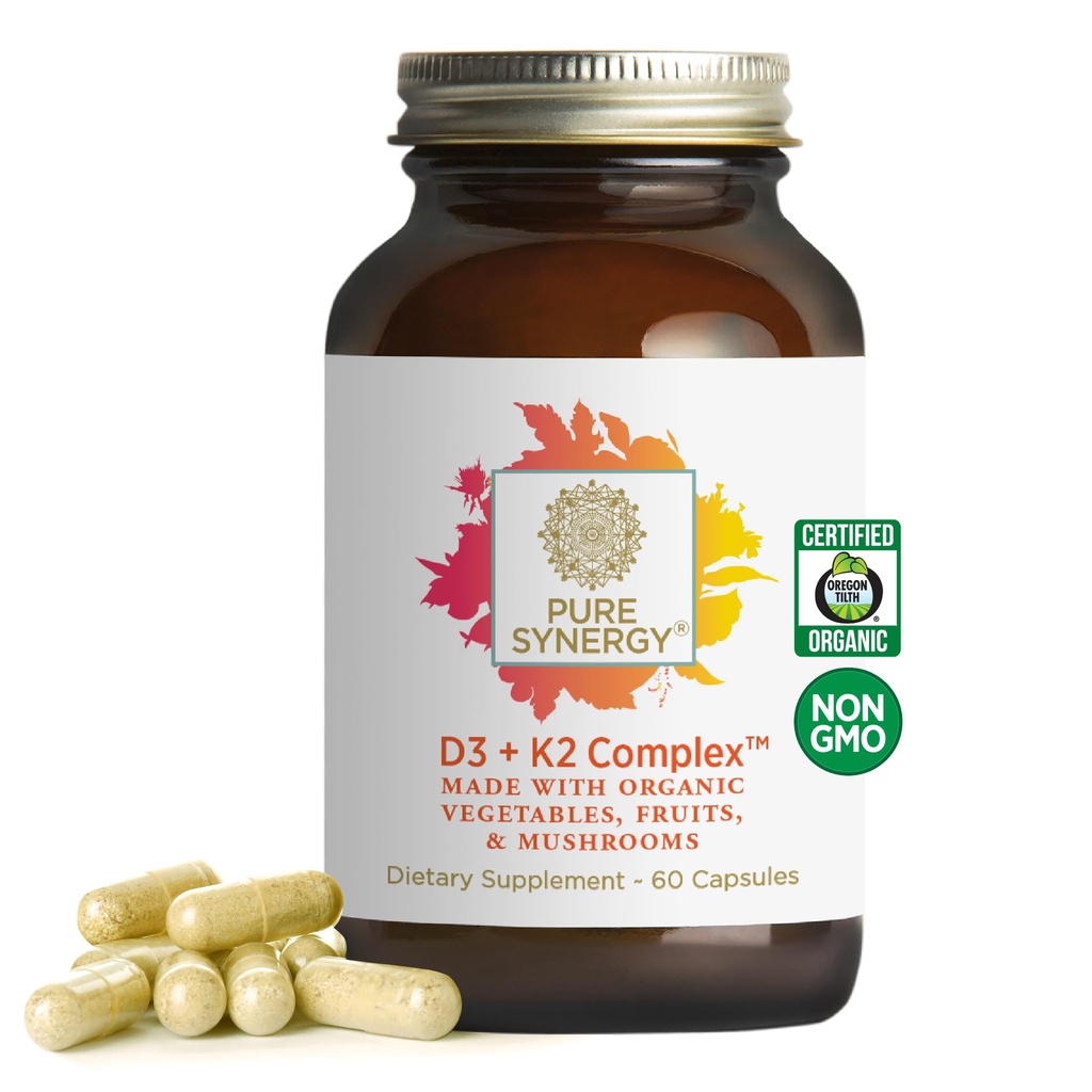PURE SYNERGY D3 + Complexe K2 : Vitamine végane D3 Complexe K2 : complément D3 organique avec vitamine K2 et K1 Plus Aliments entiers organiques : soutien de la santé osseuse, cérébrale et immunitaire (60 capsules)