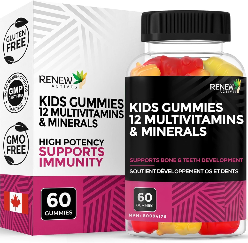 Renew Actives Kids Multivitamin 4 Gummies per Serving – Supports Health, Hair, Skin, Nails, Eyesight, Strong Bones, Teeth & Gums – Tasty & Nutrient-Rich for Growing Kids – Made in Canada – 60 Gummies