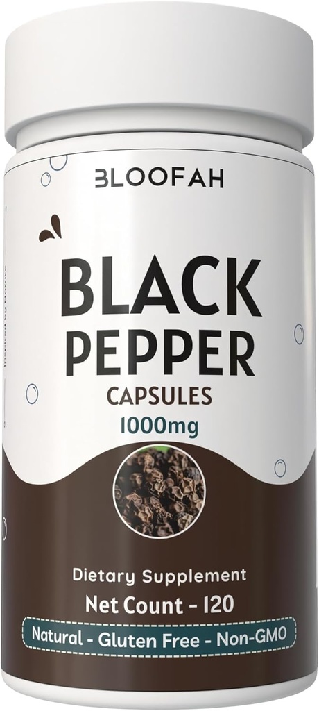 Black Pepper Capsules 1000mg Powder | Piper nigrum | Non-GMO, Gluten-Free | No Artificial Additives | GMP-Certified | Herbal Supplement | Traditional Wellness (120 Count (Pack of 1))