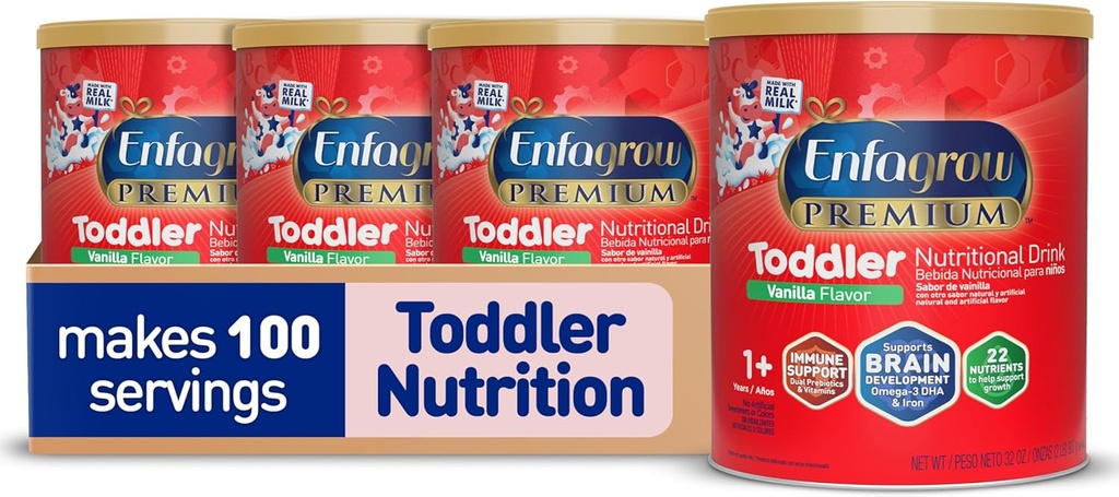 Enfagrow Premium Toddler boisson nutritionnelle, Vanilla Flavor, Omega-3 DHA pour le soutien du cerveau, prébiotiques et vitamines pour la santé immunitaire, boîte de poudre, 32 oz, paquet de 4