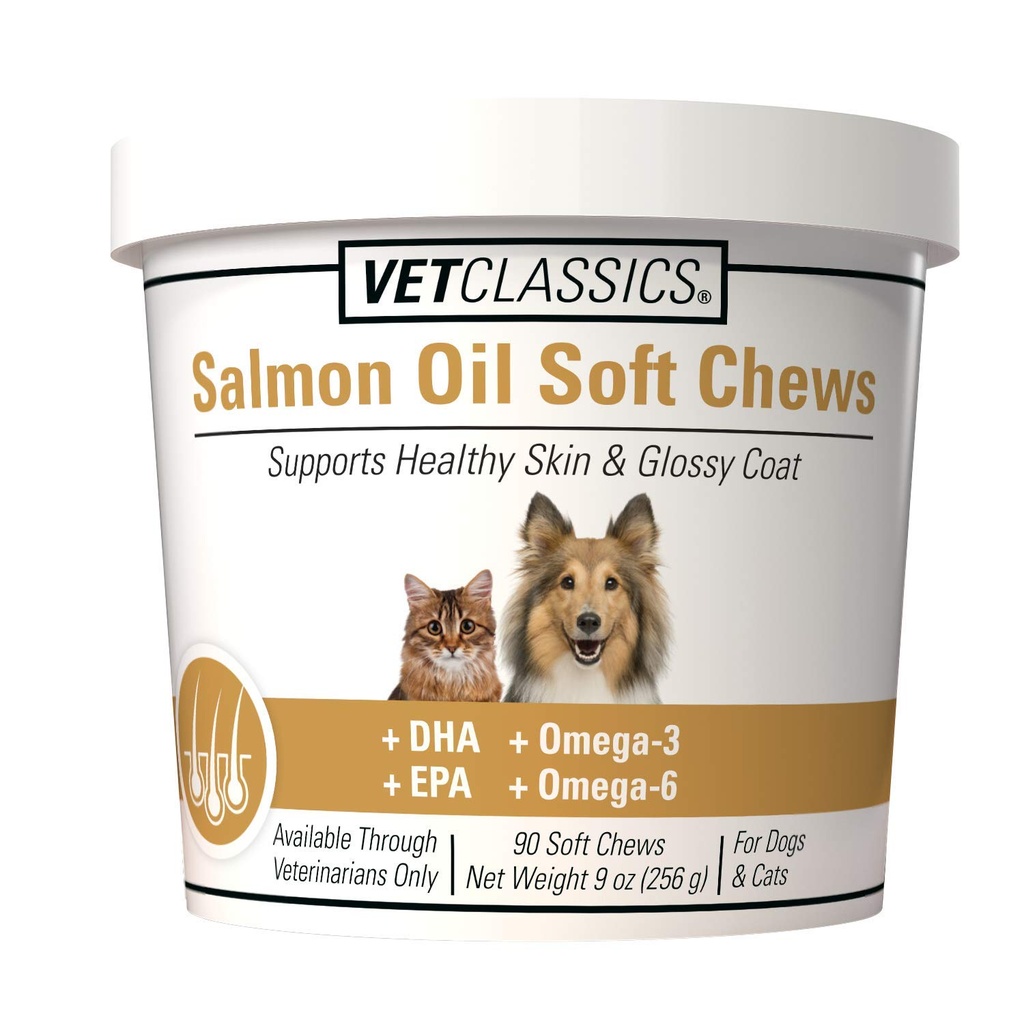 Vet Classics Supplément d'huile de saumon pour peau saine, manteaux brillants – supplément de manteau de chien, supplément de peau de chat – Comprend Oméga-3, 6, 9, Source de DHA, EPA – Chews doux 90 Ct.