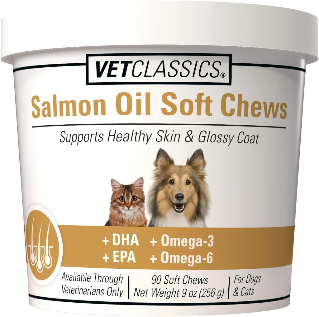 Vet Classics Supplément d'huile de saumon pour peau saine, manteaux brillants – supplément de manteau de chien, supplément de peau de chat – Comprend Oméga-3, 6, 9, Source de DHA, EPA – Chews doux 90 Ct.