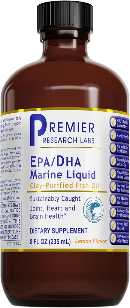 Premier Laboratoires de recherche EPA/DHA Liquide marin - Omega 3 Huile de poisson liquide, Omega 3 Huile de poisson liquide supplément pour adultes, articulations, coeur et soutien de la santé du cerveau - 8 Fl Oz bouteille