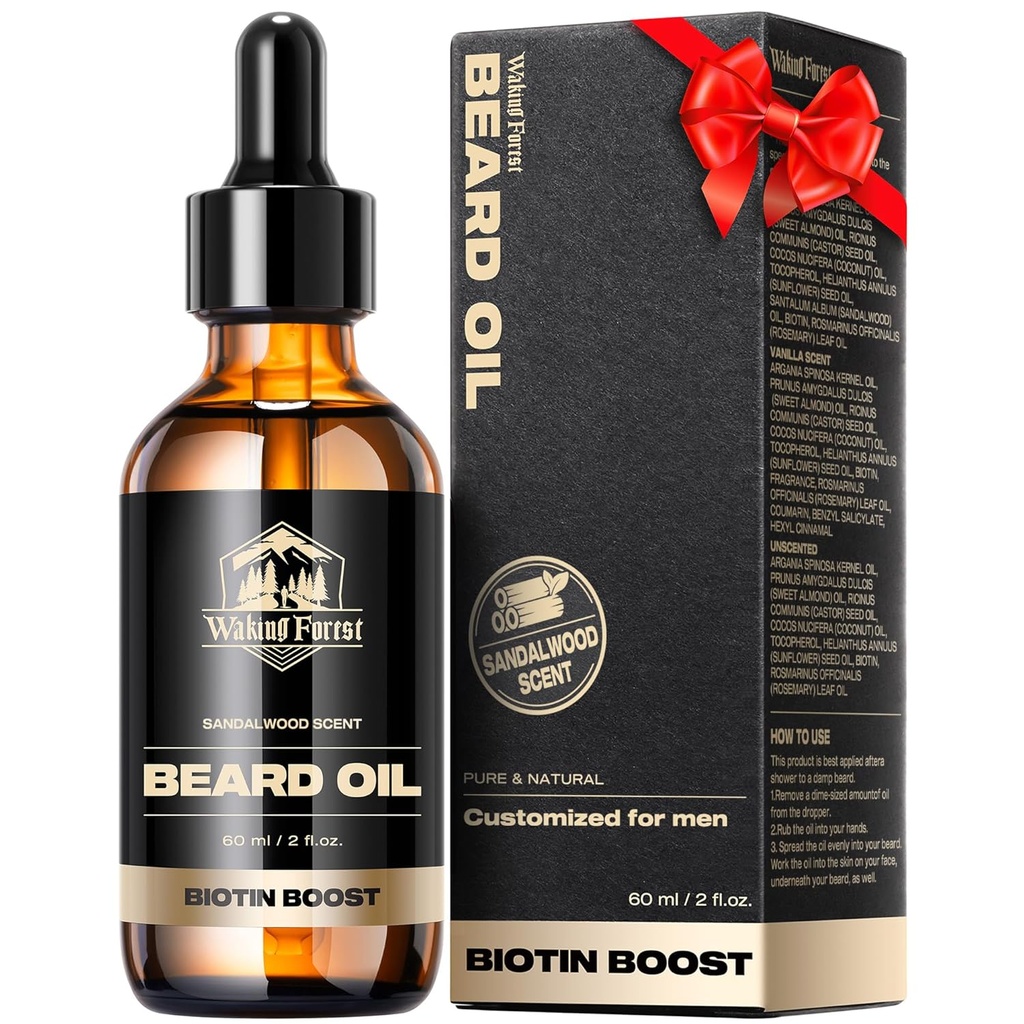 Waking Forest Beard Growth Oil - Biotin Sandalwood Oil with Vitamin E, Rosemary & Castor for Thicker, Softer, Stronger Beards (2oz)