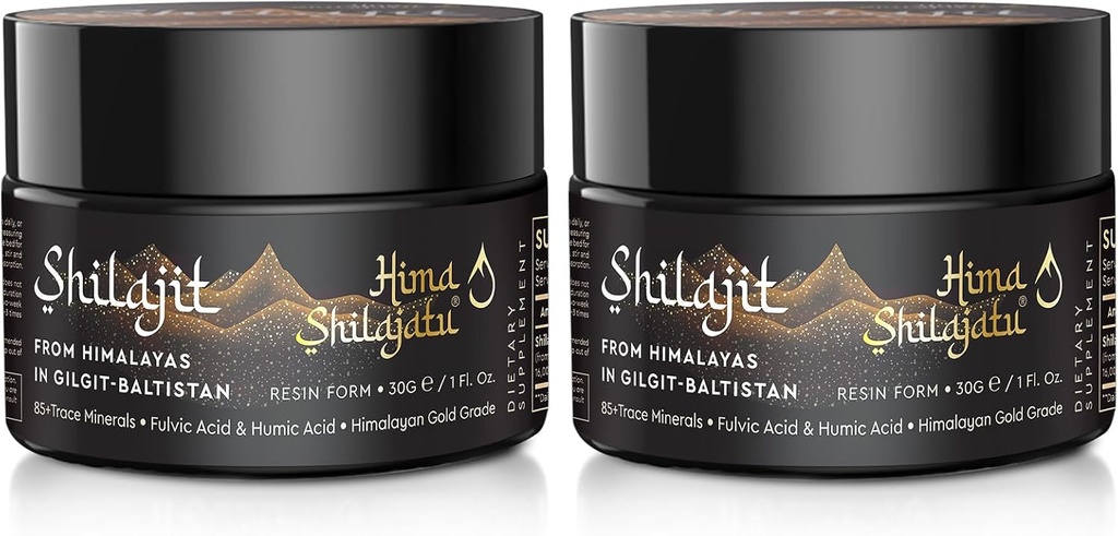 Shilajit Pure Himalayan Organic Shilajit Resin - Or Grade 100% Pureté Shilajit avec Acid Fulvic et 85+ Complexe Trace Minerals pour l'énergie et le soutien immunitaire, Pack de 2 (4 mois d'approvisionnement)