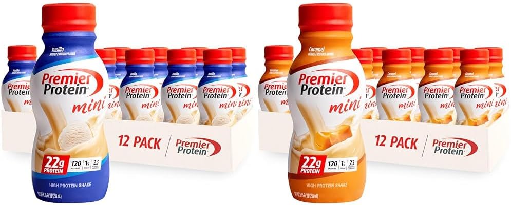 Premier Secouer les protéines MINI Vanille et caramel, 22g Protéines, 120 Calories, 1g Sucre, 8,75fl oz, boîtes de 12