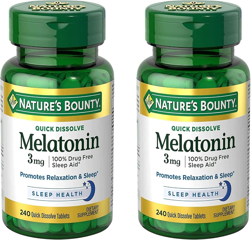 Nature's Bounty Melatonin 3mg, 100% sans médicament aide à dormir pour les adultes, soutient la relaxation et le sommeil, supplément alimentaire, 240 Compte (paquet de 2)