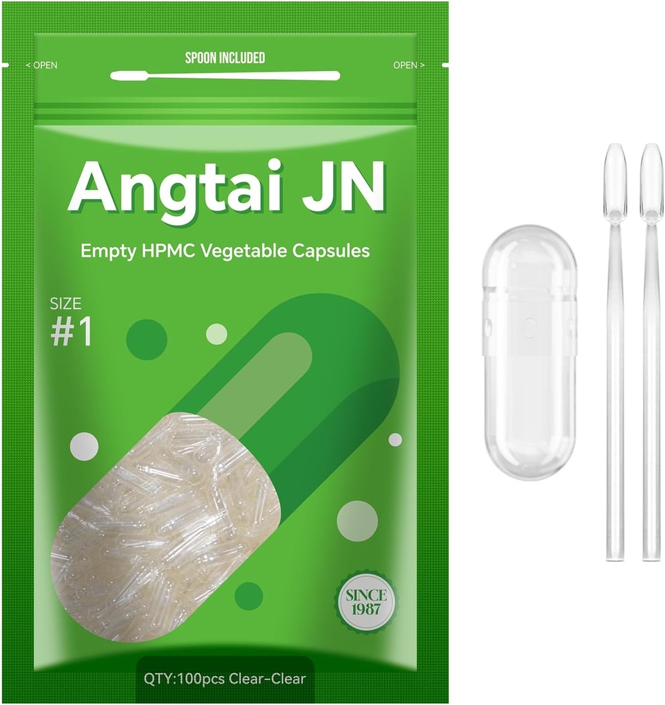 Taille 1 Capsules vides à base végétale végétalienne clair (100 Nombre) Sans gluten, sans OGM, bouchons de pilules certifiés Halal avec 2 cuillères pour le bricolage végétarien vos propres suppléments