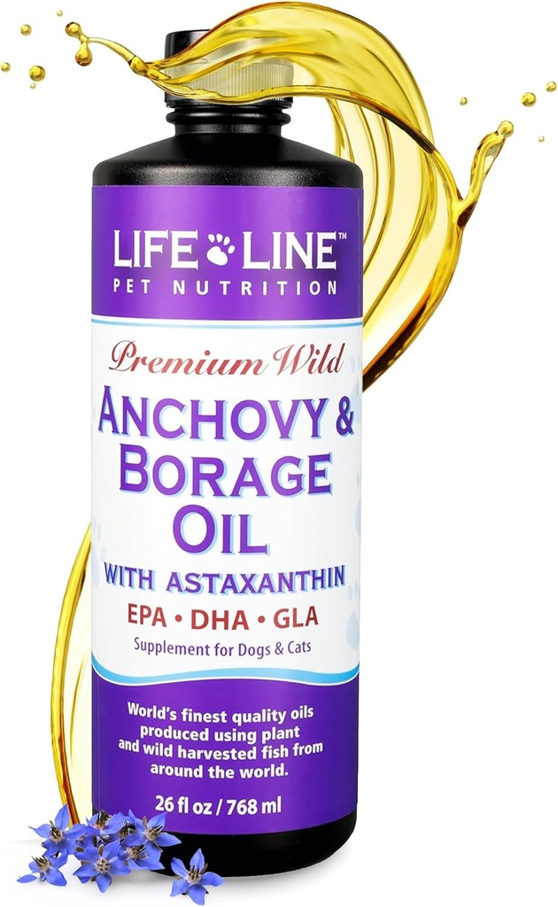 Lifeline Wild Anchovy + Borage Oil for Dogs | Omega-6 GLA Supplement for Skin Health, Allergies & Coat | Reduces Shedding, Itching & Inflammation – 26 oz