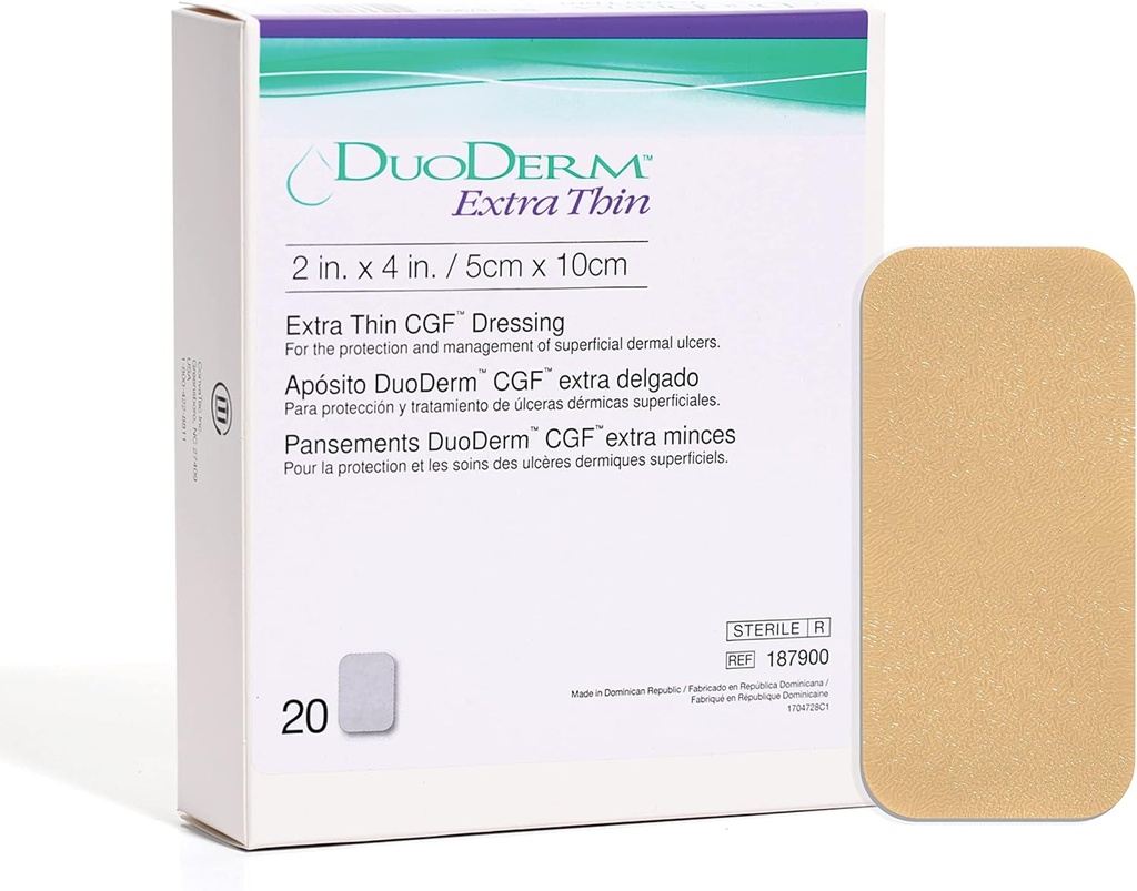 ConvaTec DuoDERM Gel de contrôle extra mince Formule 2"x4" Hydrocolloïde Stérile Dressing adhésif pour les plaies superficielles, faible friction, flexibilité, sans latex, imperméable, rectangle, beige, boîte 20ct