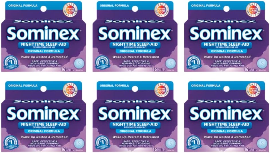 Sominex Nighttime Sleep-Aid avec Diphenhydramine HCl 25 mg, formule originale, 16 comprimés, (paquet de 6)