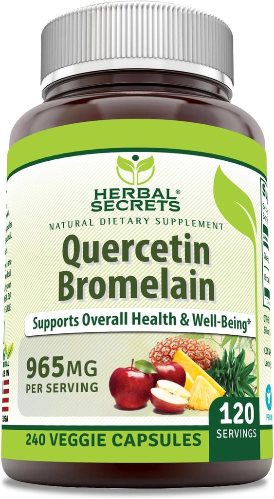 Secrets à base de plantes Quercetin 800mg avec Bromelain 165mg, Supplément de gélules Veggie (non-OGM) Sans gluten (Fabriqué aux États-Unis) (965 mg, 240, Compte)
