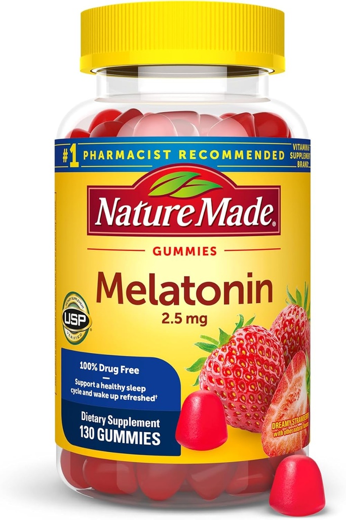 Nature faite Mélatonine Gommies 2,5 mg, 100 % sans médicament aide au sommeil pour les adultes, Melatonine Supplément 130 Compte, 130 jours