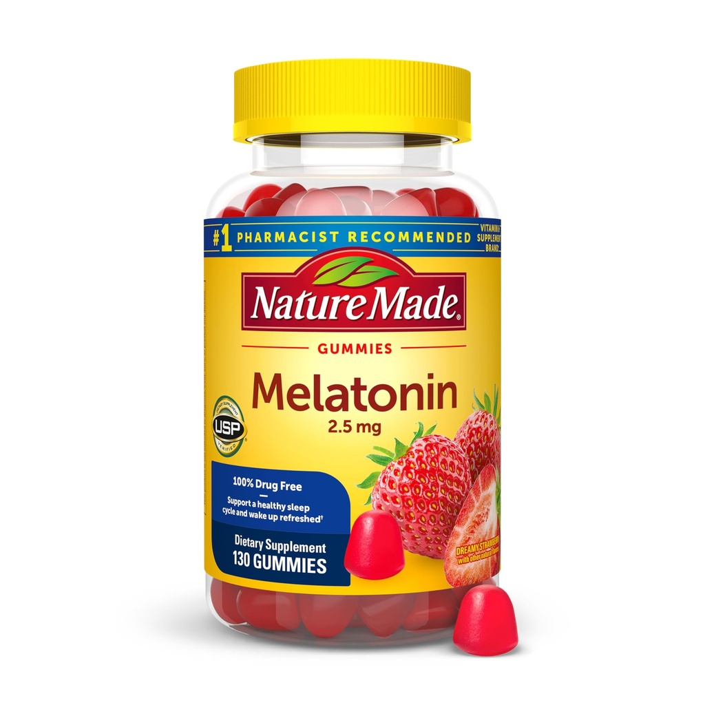 Nature faite Mélatonine Gommies 2,5 mg, 100 % sans médicament aide au sommeil pour les adultes, Melatonine Supplément 130 Compte, 130 jours