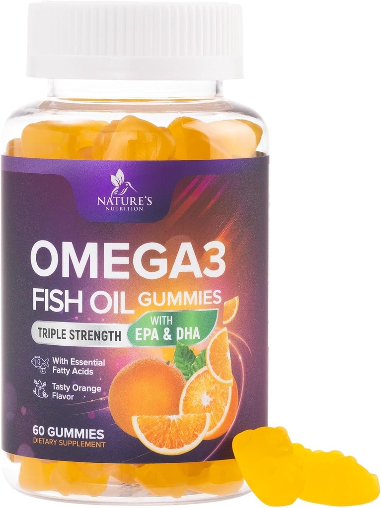 Omega 3 Gommies d'huile de poisson - Supplément Gommy Omega 3 pour adultes et enfants avec haute absorption DHA & EPA, Joint & Cerveau Support, Delicious Orange Saveur Huile de poisson Vitamines, 60 Gommies