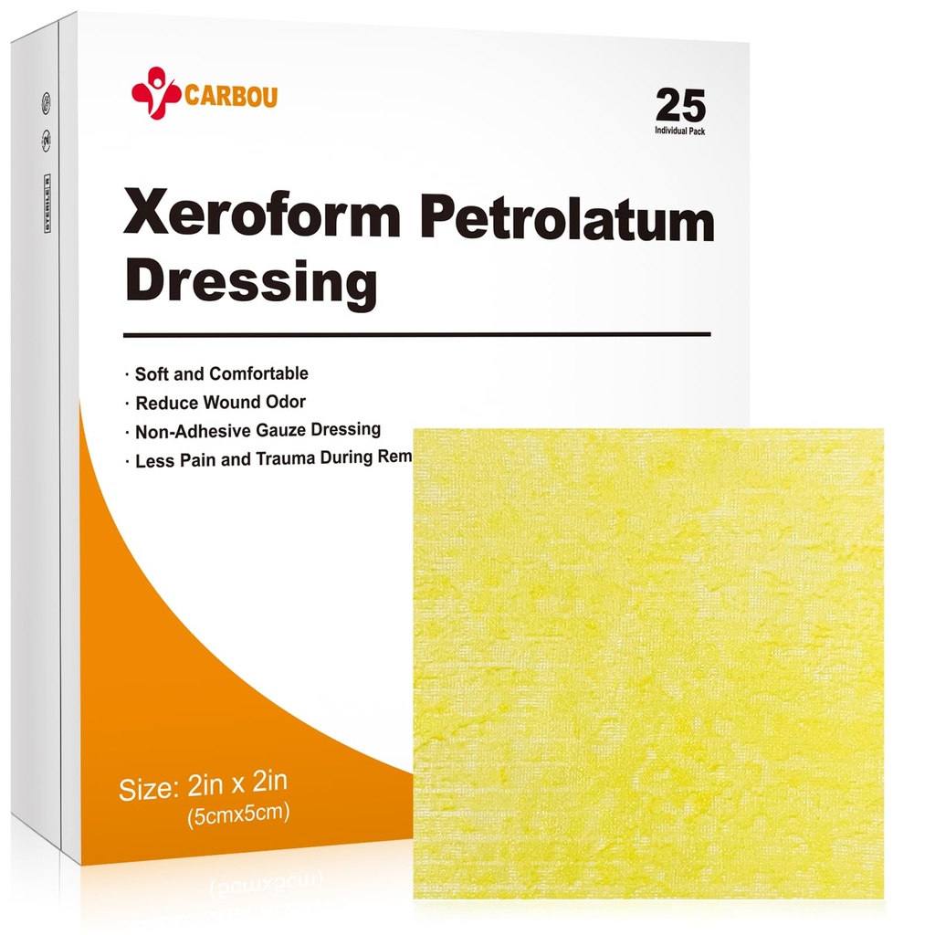 Brosse médicale Xeroform Petrolatum Dressing 2"x2", 25 Paquet individuel, tampons de jauge non-adhérents, patch de mesh fin doux pour soins des plaies, brûlures, lacérations, rafales de peau et incisions chirurgicales