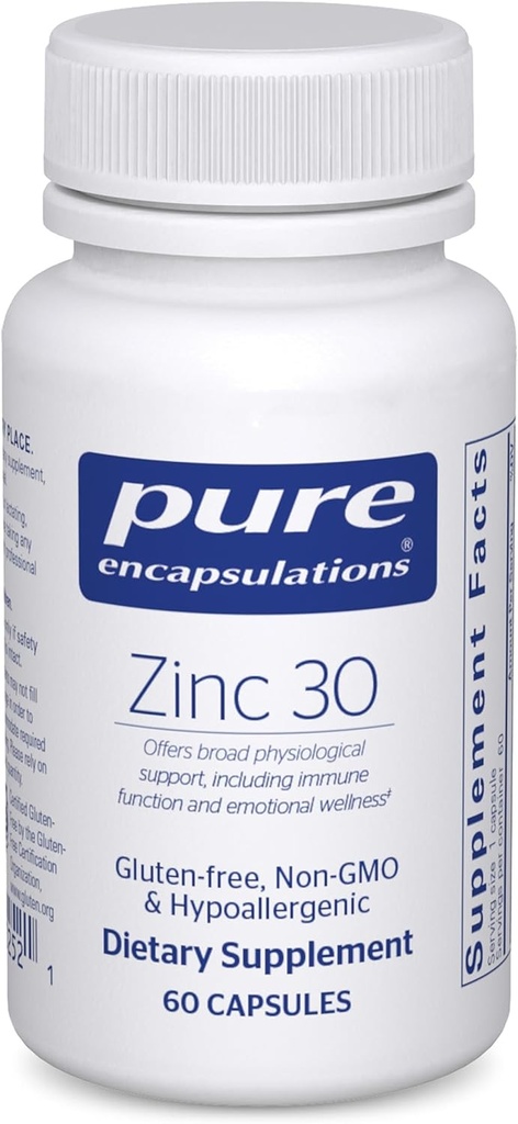 Encapsulations pures Zinc 30 mg - Supplément pour le soutien, la croissance et le développement du système immunitaire et la guérison des plaies* - avec le picolinate de zinc 30 mg - 60 capsules