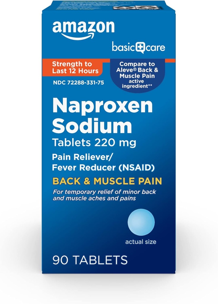 Soins de base Douleurs dorsales et musculaires, 220 mg, soulagement de la douleur de 12 heures, comprimés de sodium de naproxène, soulagement de la douleur et réducteur de fièvre, 90 Compte