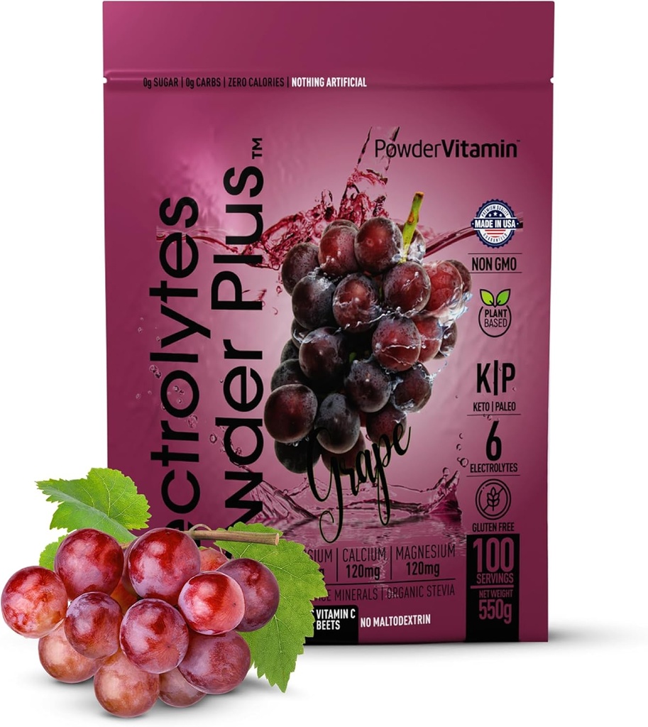 PoudreVitamine Electrolytes Poudre Plus (100 portions) Grape Electrolyte Poudre Zéro Calorie Keto, 0 Sucre, Pas de Maltodextrine,1000mg Potassium,120mg Calcium,120mg Magnésium, Poudre d'hydratation