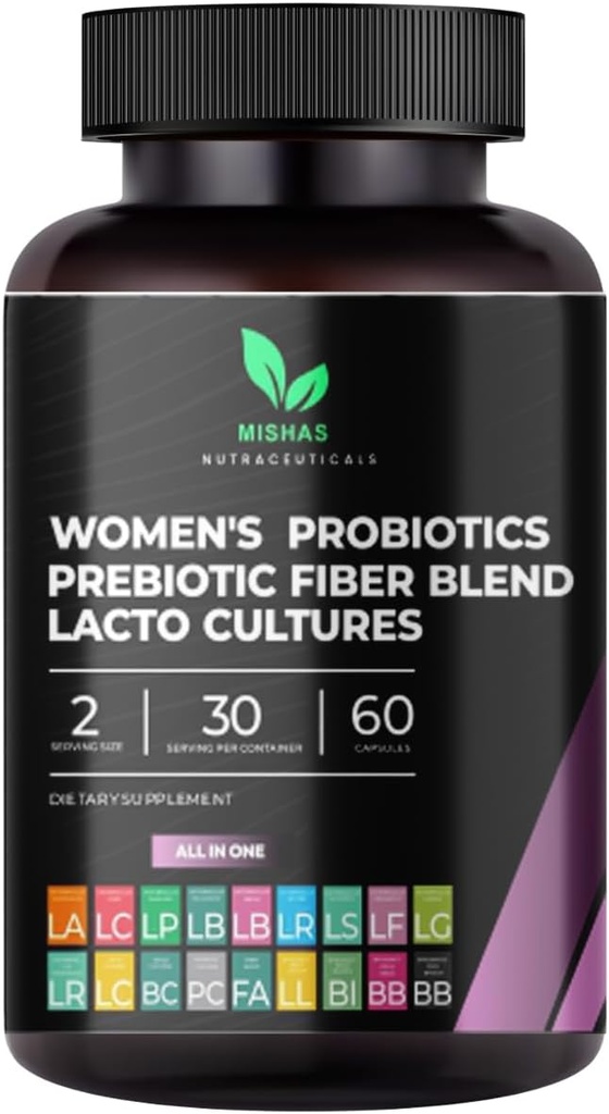 Mishas Nutraceuticals Probiotiques pour les femmes, 50 milliards CFU - 16 souches probiotiques avec prébiotique – soutient la santé vaginale, la santé de Gut et le système immunitaire - Supplément féminin – 60 capsules